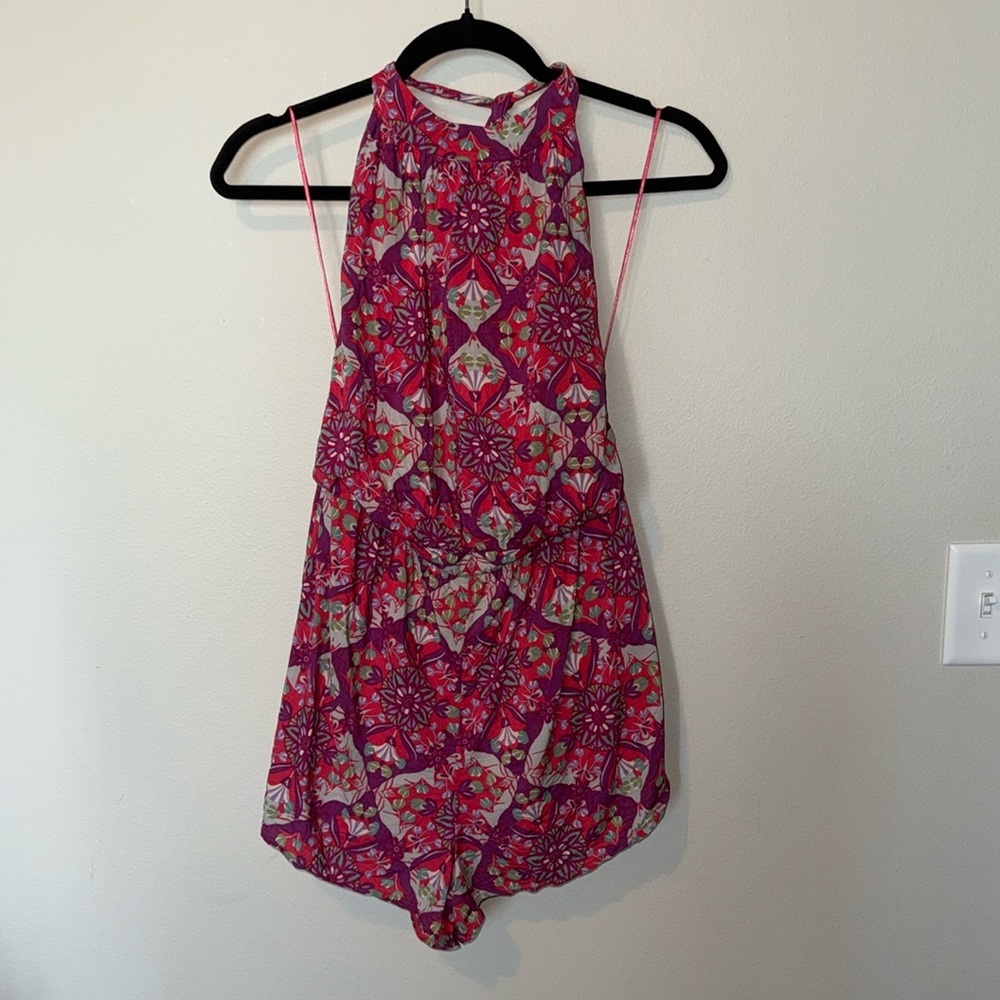 Free People Coral Tides Romper in Hollyhock Combo Womens Large Tie Open Back